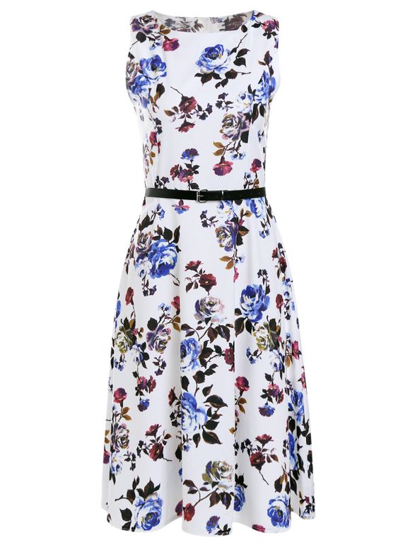 Vintage Sleeveless Roses Print Belted Pleated Dress For Women - Blanc M