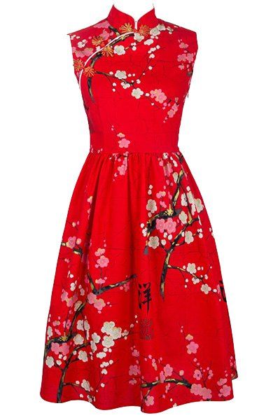 Retro Style Mandarin Collar Sleeveless Wintersweet Print Prom Women's Dress - Rouge L