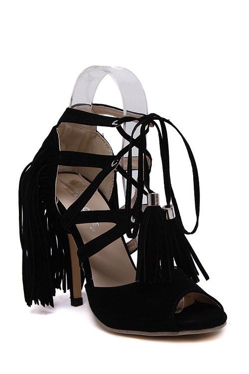 Parti à lacets et franges design Sandales pour les femmes - Noir 38
