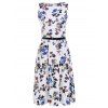 Vintage Sleeveless Roses Print Belted Pleated Dress For Women - Blanc M