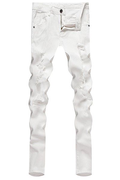 Irregular Trou conception solide de couleur pieds étroits Jeans Zipper Fly Men - Blanc 32