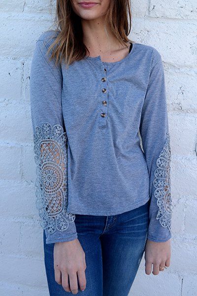 

Casual Lace Splicing Scoop Neck Long Sleeve T-Shirt For Women, Light blue