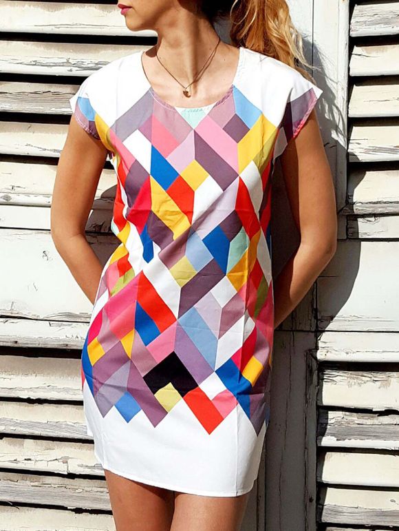Robe Chic à Col Dégagé avec Manches Courtes Imprimé Géométrique pour Femmes - multicolore XL