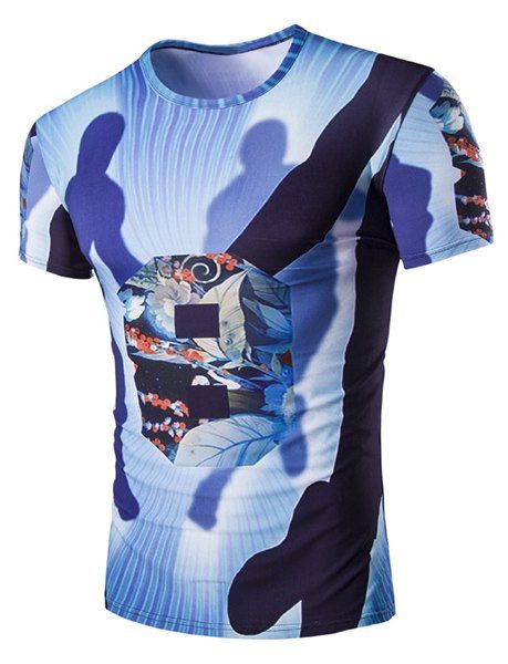 Neck Slimming Ombre Imprimé ronde T-shirt pour les hommes - Bleu L