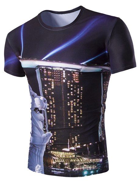 Slimming Building Printed Round Neck T-Shirt For Men - Bleu Violet M