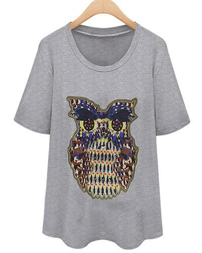 T-shirt de motif de hibou Scoop cou à manches courtes pour femmes élégantes - Gris L