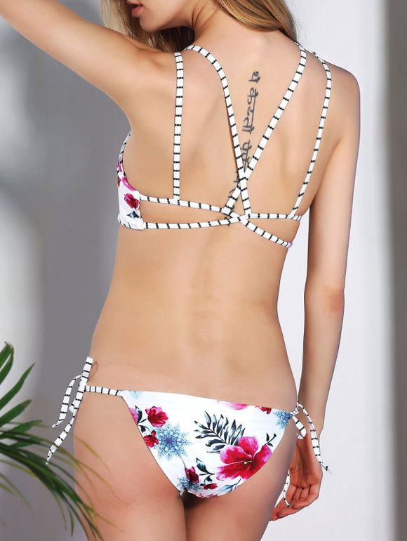 Ensemble Bikini Imprimé Floral à Bretelles Spaghetti Croisées pour Femme - Blanc S
