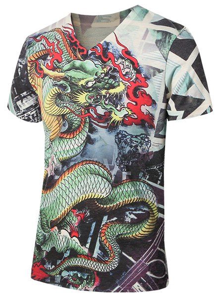 Plus Size V-Neck 3D Dragon Imprimer T-shirt à manches courtes hommes - multicolore L