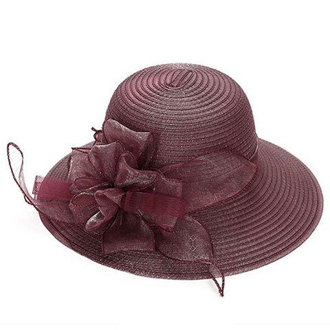 Elegant Gauze Flower Decorated Solid Color Beach Straw Hat For Women - Rouge vineux 