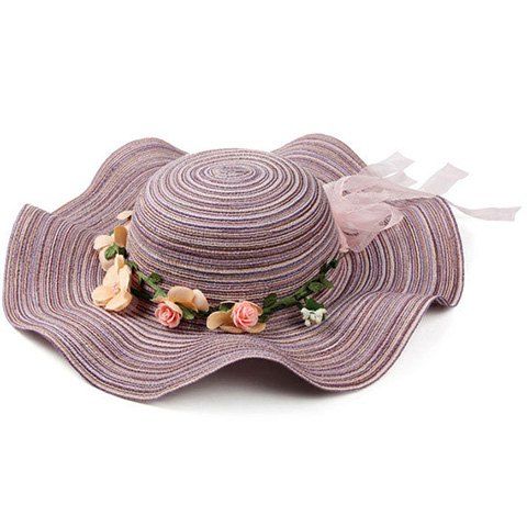 Elegant Stripe Pattern Bowknot Flower Decorated Beach Straw Hat For Women - Pourpre 