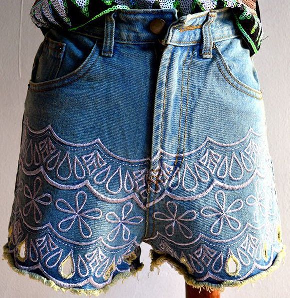 Shorts Trendy taille haute brodé poche design femme - Bleu clair M