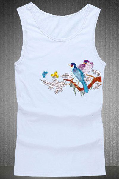 

Loose Fit Birds Printing Round Collar Tank Top For Men, White