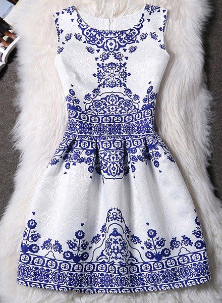 Robe élégante manches col rond imprimé jacquard femmes - Bleu S