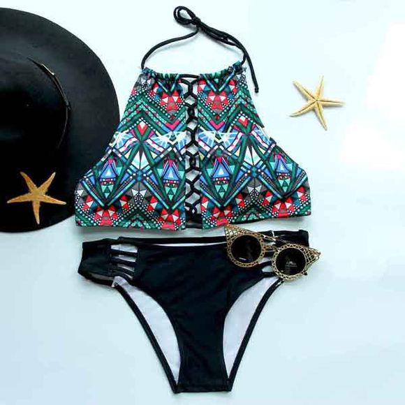 Trendy Halter Imprimé Cut Out Bikini Costume Pour Femmes - multicolore S
