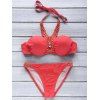 Trendy Halter Beaded Backless Push-Up Ensemble de bikini pour femme - Rouge L