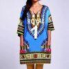 V-cou à manches courtes imprimé tribal des femmes ethniques Robe fendue - Bleu ONE SIZE(FIT SIZE XS TO M)
