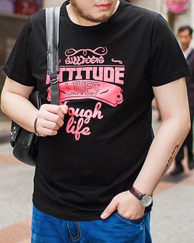 Loose Fit Pull ronde Lettre Impression Plus Size T-shirt col pour hommes - Noir 3XL