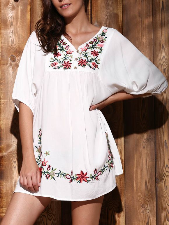 Style Ethnique col en V Bouton Dress Design Femmes brodés - Blanc S