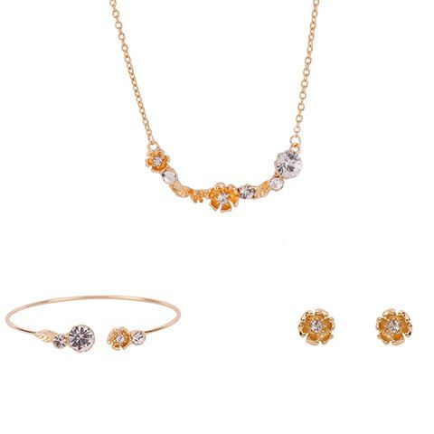 Elégant Rhinestoned Feuille Fleur Forme Jewelry Set (Collier + Bracelet + Boucles d'oreilles) pour les femmes - d'or 