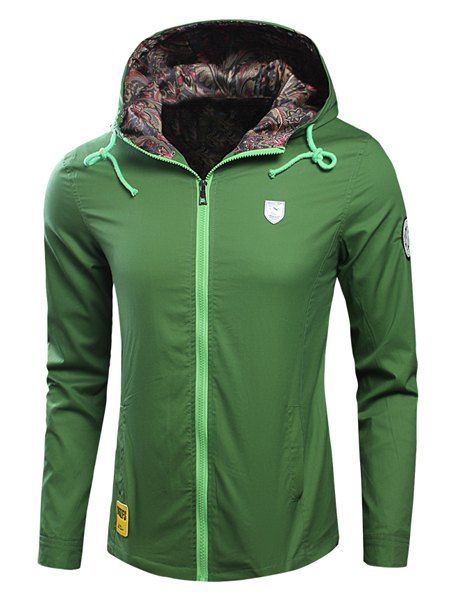 

Laconic Hooded Applique Embellished Long Sleeves Men's Fitted Coat, Green
