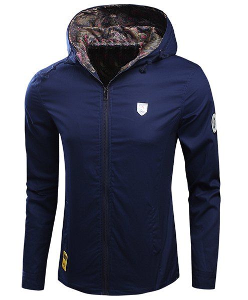 

Laconic Hooded Applique Embellished Long Sleeves Men's Fitted Coat, Blue