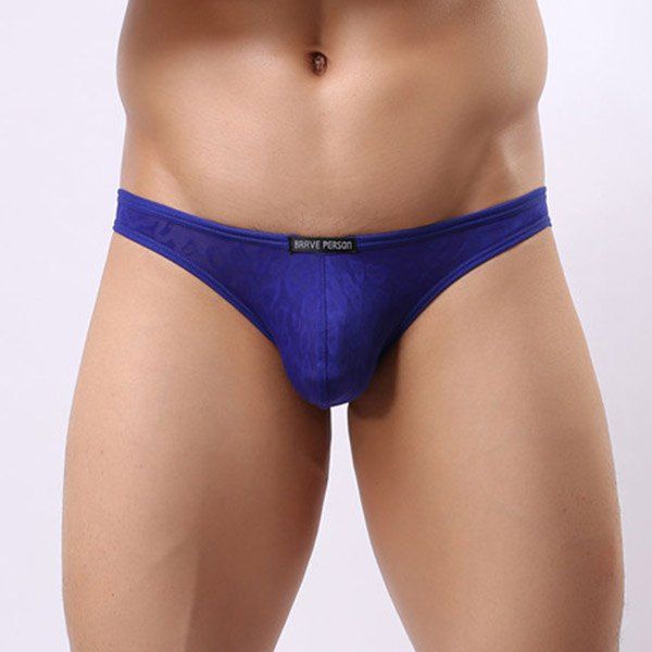 

New Style Elastic Waist Solid Color Lace Jacquard Men's U Convex Pouch Briefs, Sapphire blue