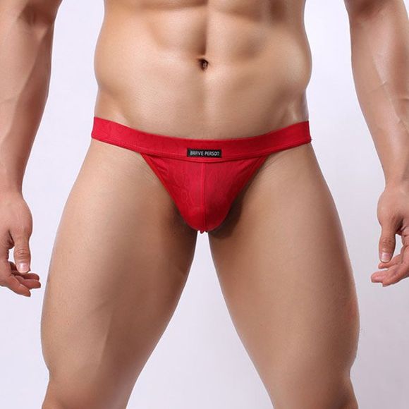 Couleur Unie Elégante Jacquard Conception Elastique Taille U Convexe Pouch Thong pour Hommes - Rouge XL
