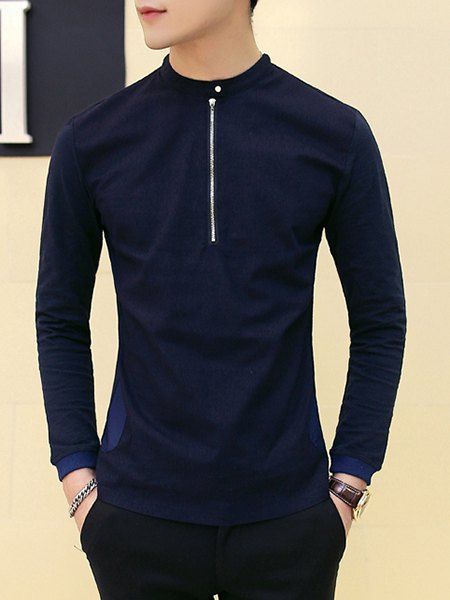 Solid Color Pullover Half Zip Long Sleeves T-Shirt For Men - Cadetblue 2XL