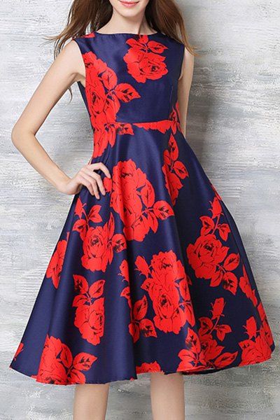 Vintage Col rond sans manches imprimé floral taille haute robe de la femme - Rouge XL