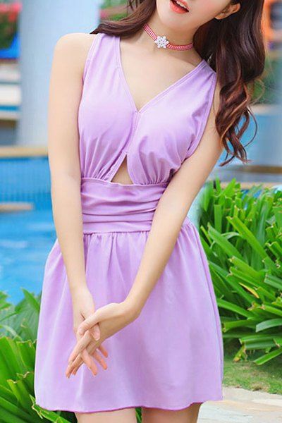 

Alluring Women's V-Neck Lace Up Ruffled Swimsuit, Light purple