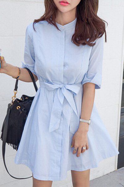 2018 Belted A Line Striped Casual Shirt Dress LIGHT BLUE XL In Dresses ...