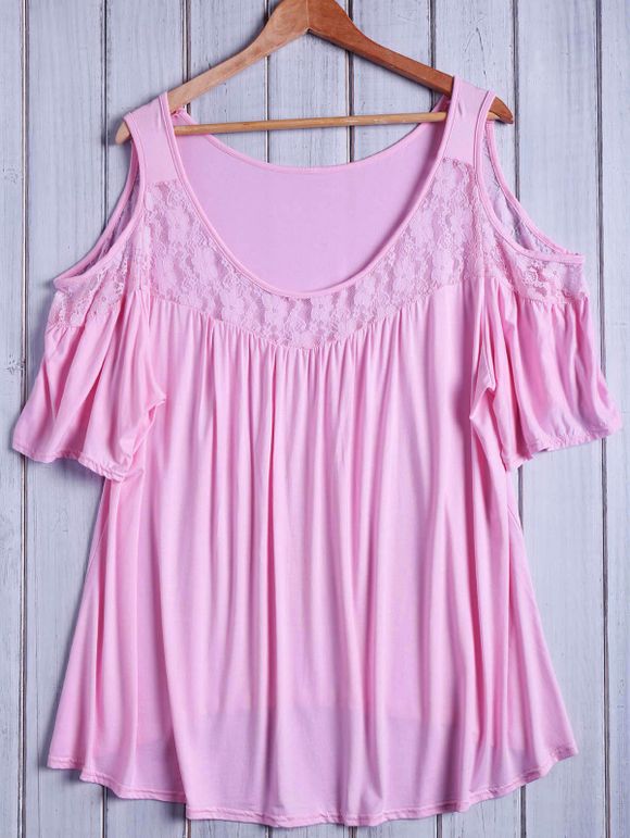Trendy Scoop Neck Lace Spliced ​​manches courtes lâche T-shirt pour les femmes - Rose XL