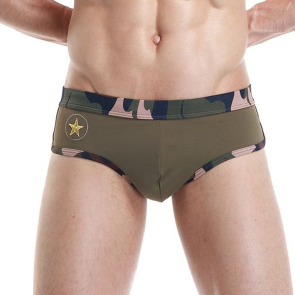 Nouveau Style Camo Brodé Etoile à Taille Basse Slips de Bain pour Hommes - Vert Armée M
