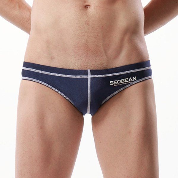 

Fashion Letters Pattern Suture Linen Design Men's Briefs Swimming Trunks, Deep blue