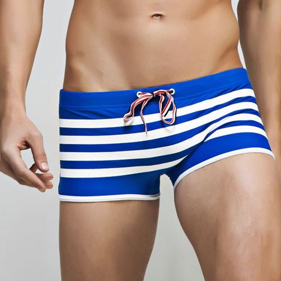 Boxer Natation Trunks Color Block Stripes taille basse à lacets Hommes - Bleu XL
