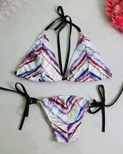 Bikini Set Trendy Halter Backless Colorful Striped femmes - coloré M