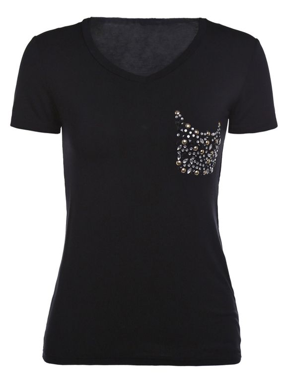 Simple Rhinestoned Short Sleeve V-Neck Women's T-Shirt - Noir L