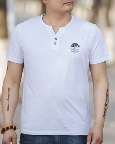 Tree Pattern Buttons V-Neck Plus Size Short Sleeve Men's T-Shirt - Blanc 5XL