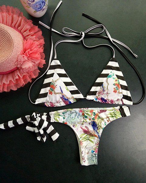 Bikini Set Chic Halter Floral Imprimer Backless Stripe Spliced ​​femmes - multicolore S