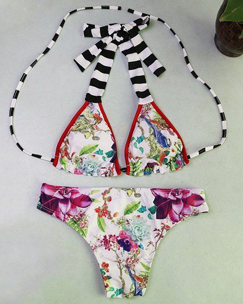 Bikini Stylish Halter Backless Stripe Spliced ​​imprimé floral Femmes - multicolore L
