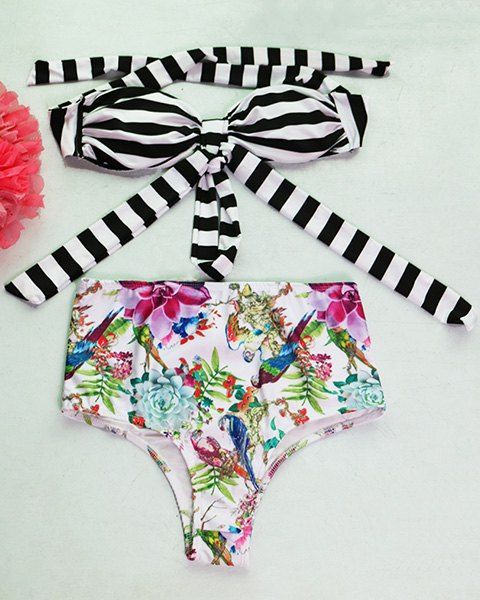 Bikini Set de mode Halter imprimé floral rayé femmes - multicolore L