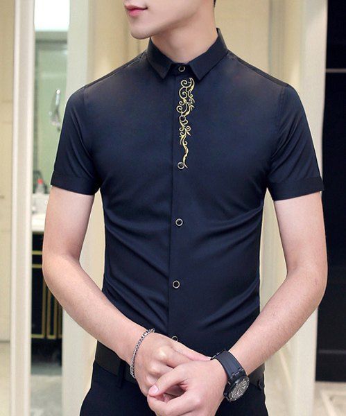 Turn Down Collar Embroidery Short Sleeves Shirt For Men - Noir M