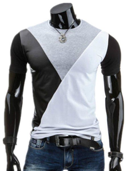 T-shirt PU-cuir Spliced ​​design col rond manches courtes hommes - Gris Clair M