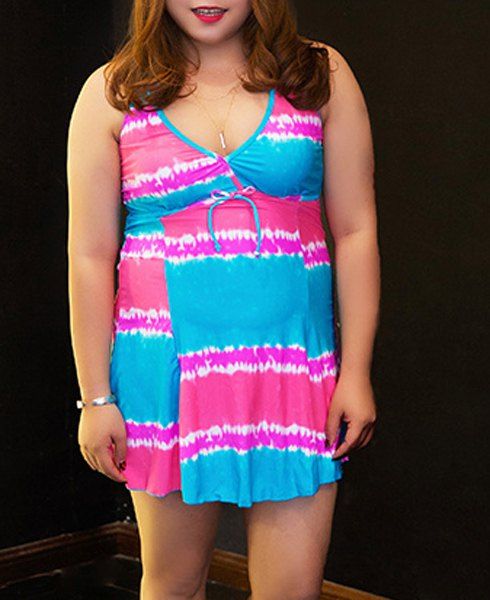 Alluring Women's Halter Color Block Plus Size One-Piece Swimsuit - Bleu 2XL