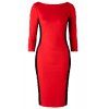Elegant Color Block 3/4 Sleeve Round Neck Women's Dress - Rouge L
