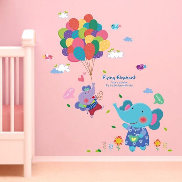 Chic Ballon Elephant Cartoon Motif Autocollant Mural pour une chambre d'enfants de maternelle - multicolore 