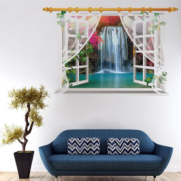 Autocollant Mural à Motif Paysage de Chute D'eau Derrière Fenêtre 3D pour Salon et Chambre - multicolore 