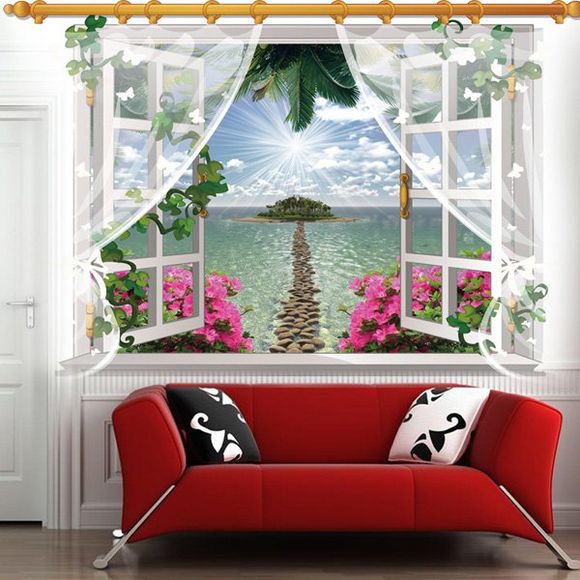Chic 3D Window Sea Island Paysage Motif Autocollant Mural Pour Salon Chambre Décoration - multicolore 