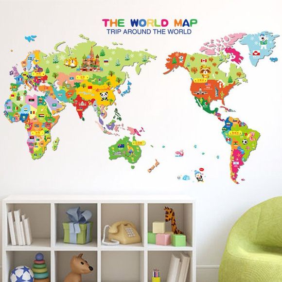 Chic Cartoon Animals Carte du monde Motif Autocollant Mural pour une chambre d'enfants de maternelle - multicolore 