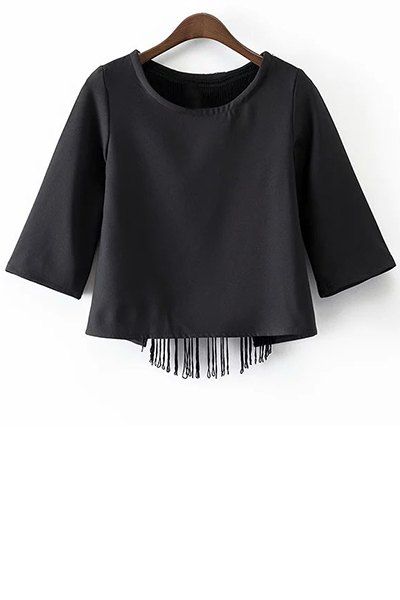 

Stylish Round Neck Half Sleeve Black Tassels Cut Out Women's T-Shirt